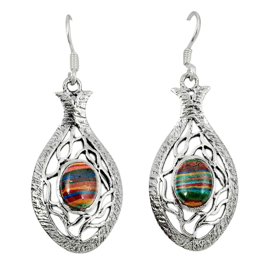 Natural multi color rainbow calsilica 925 silver dangle earrings d6605