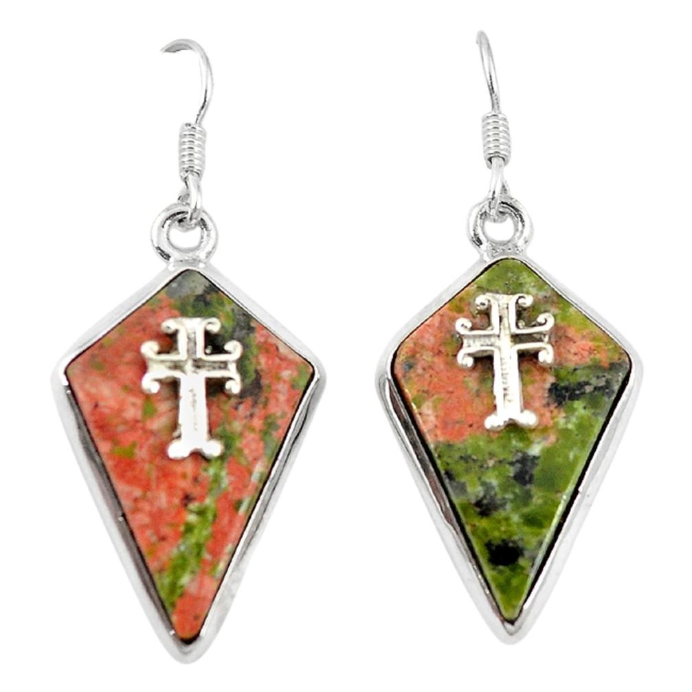 Natural green unakite 925 sterling silver holy cross earrings jewelry d6725