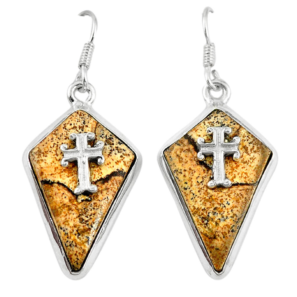 Natural brown picture jasper 925 silver holy cross earrings jewelry d6733