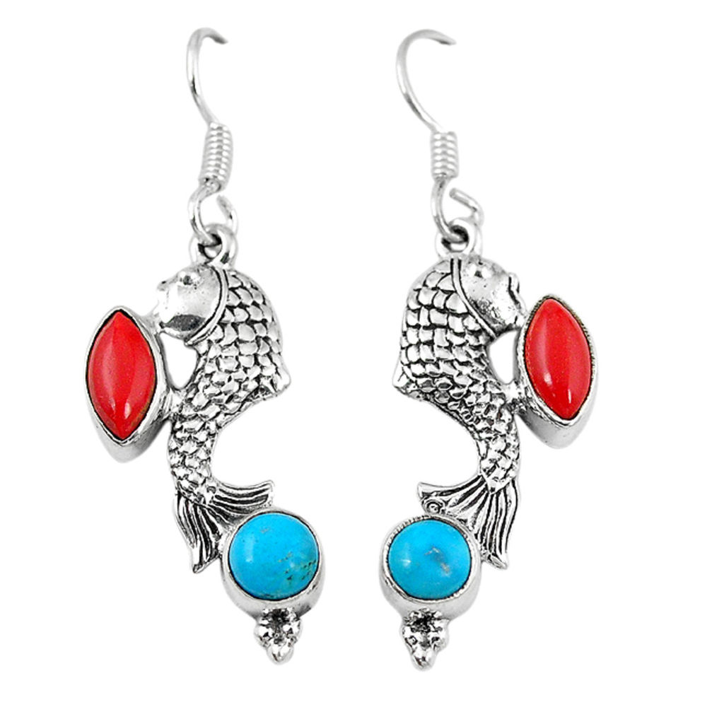 turquoise red coral fish earrings d6852