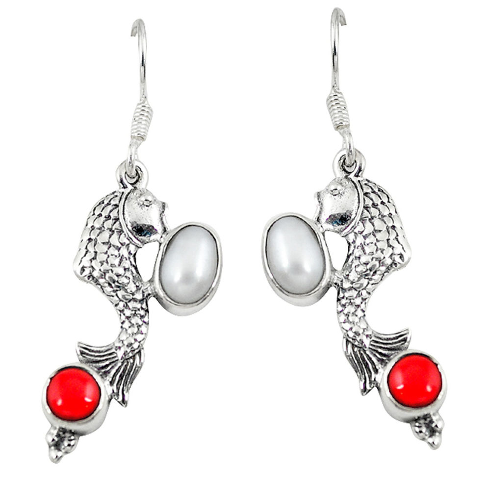 arl red coral 925 sterling silver fish earrings d6869