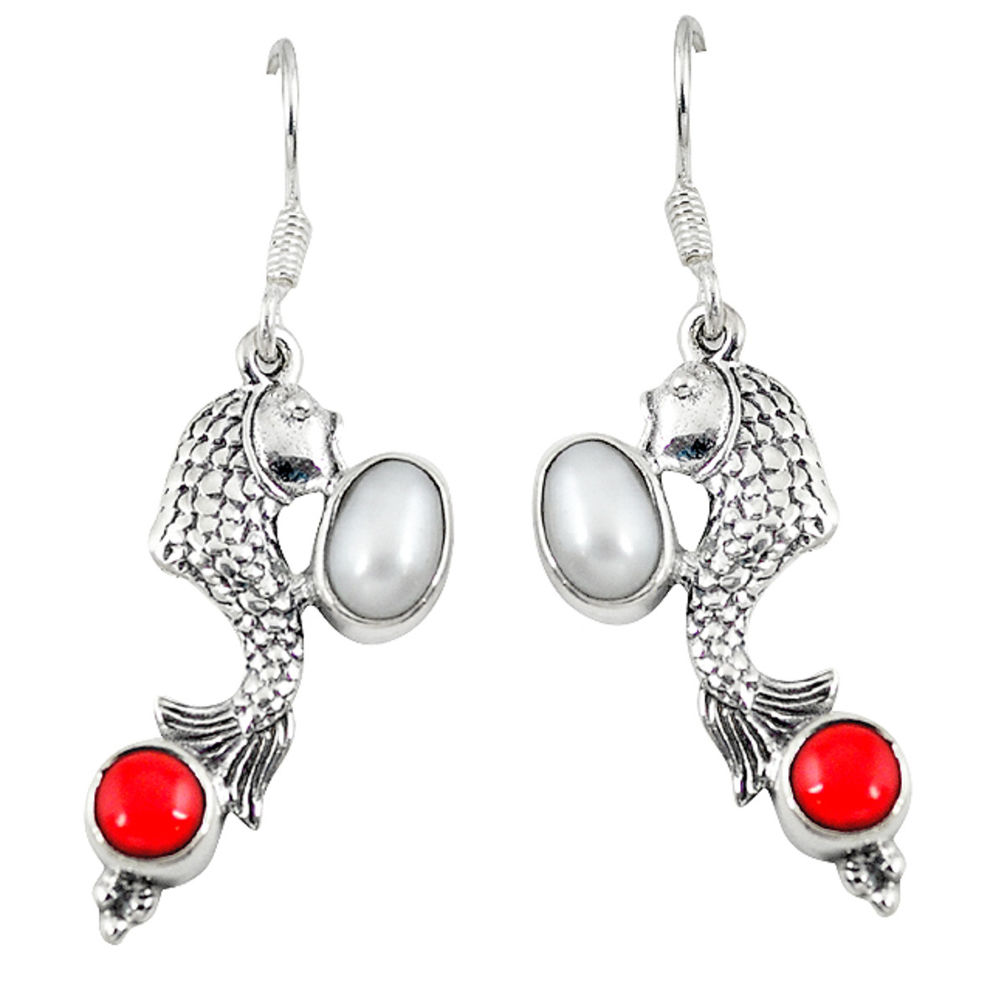 arl red coral 925 sterling silver fish earrings d6876