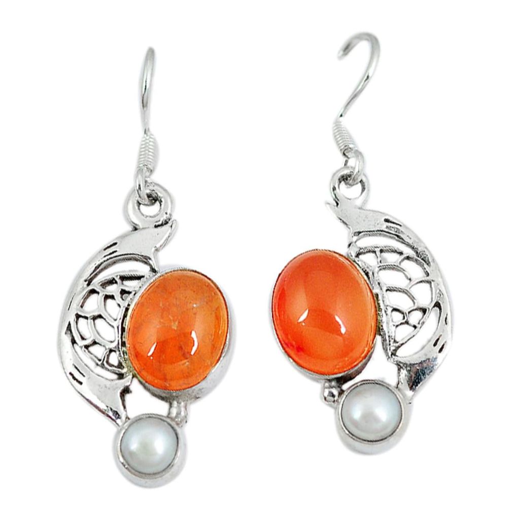 Natural orange cornelian (carnelian) pearl 925 silver dangle earrings d6891