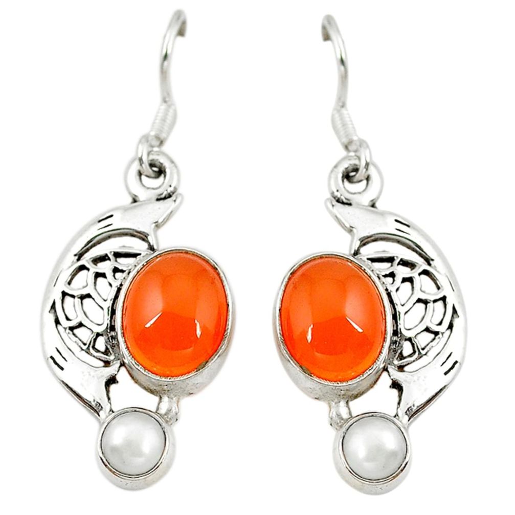925 silver natural orange cornelian (carnelian) pearl dangle earrings d6893
