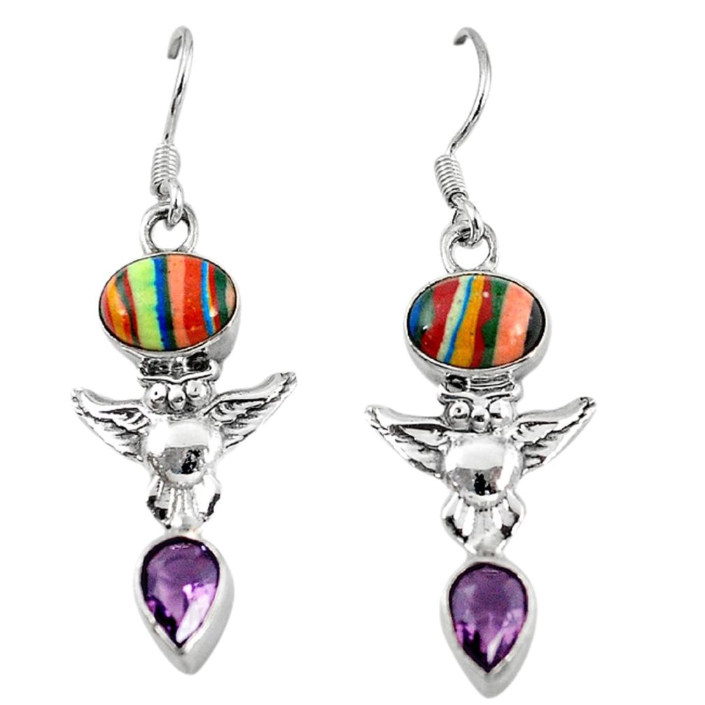 Natural multi color rainbow calsilica amethyst 925 silver owl earrings d6912