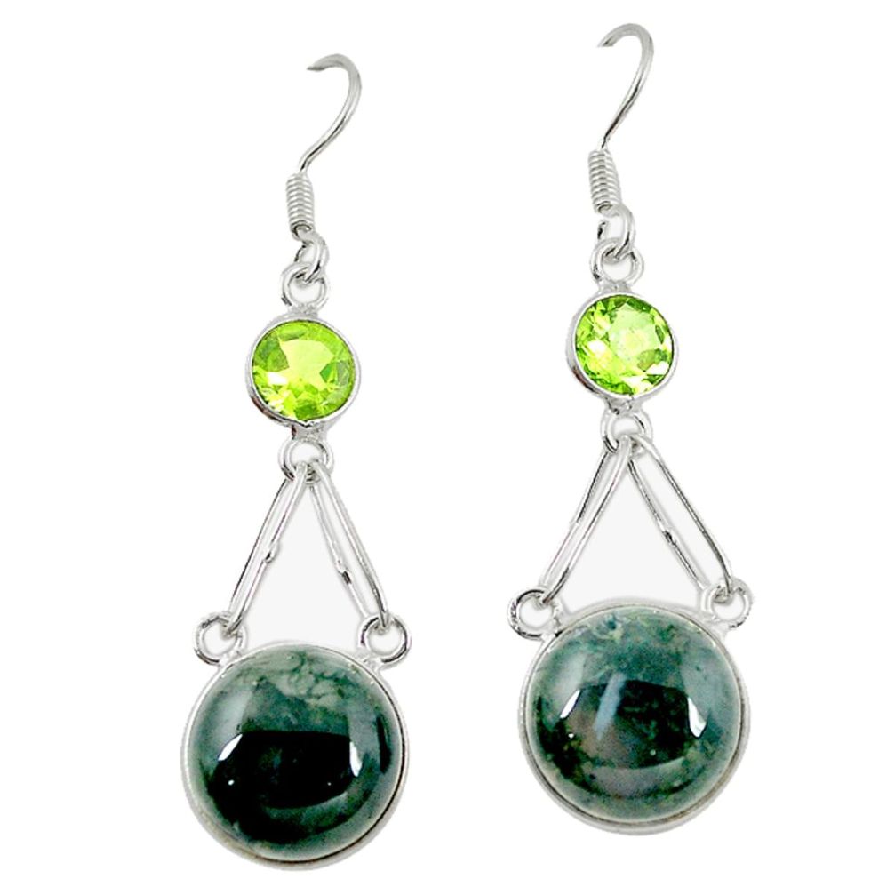 Natural green moss agate peridot 925 silver dangle earrings jewelry d7121