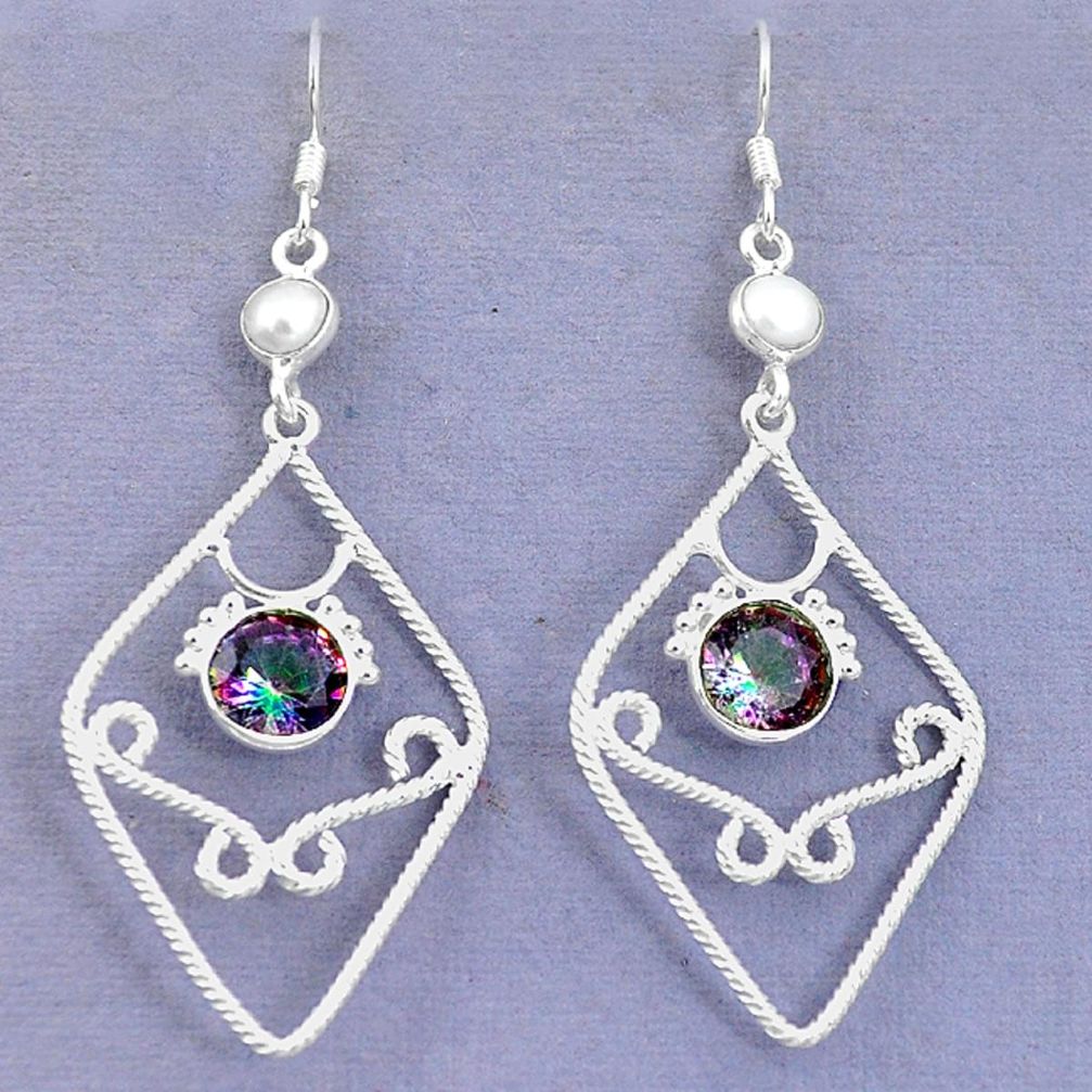 Multi color rainbow topaz pearl 925 sterling silver dangle earrings d9623