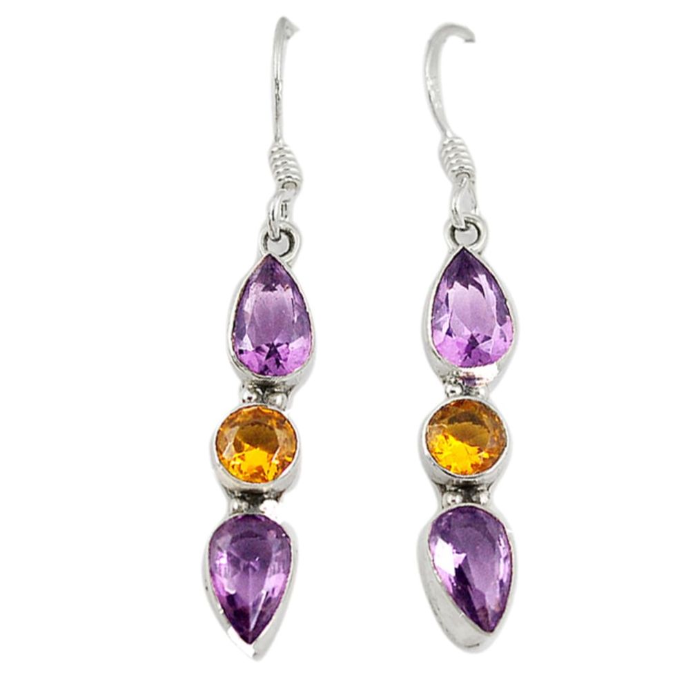 Natural purple amethyst yellow citrine 925 silver dangle earrings d9681