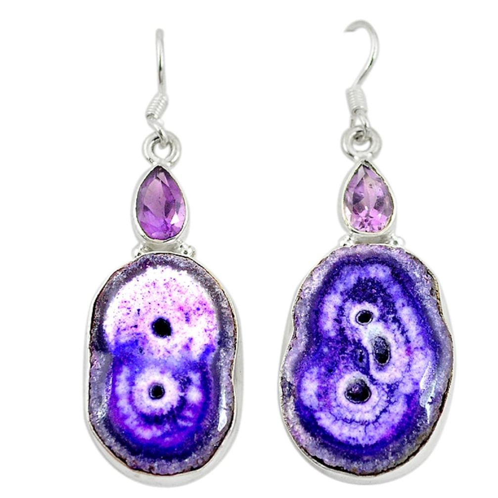 Natural purple solar quartz slice druzy 925 silver dangle earrings d9904