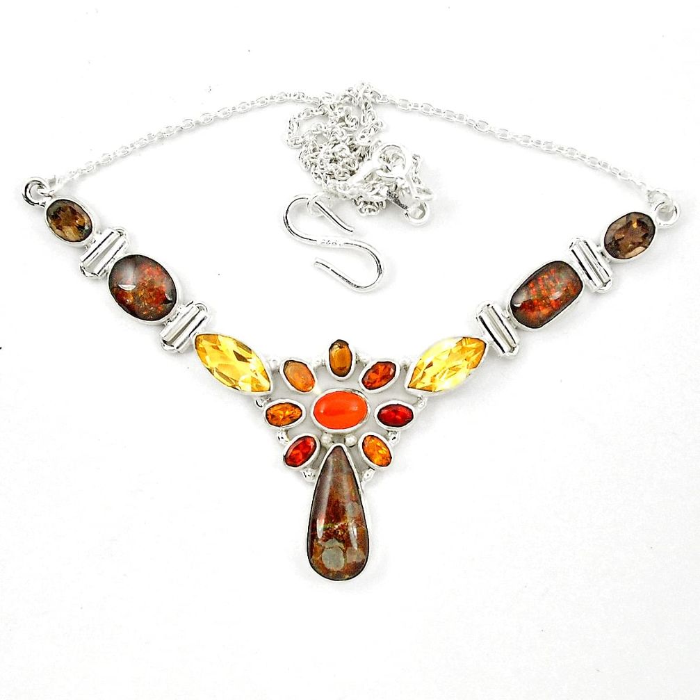 Natural ammolite (canadian) cornelian (carnelian) 925 silver necklace d23969