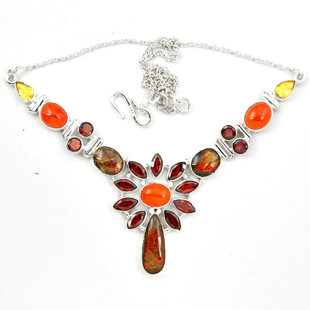 Natural ammolite (canadian) cornelian (carnelian) 925 silver necklace d23971