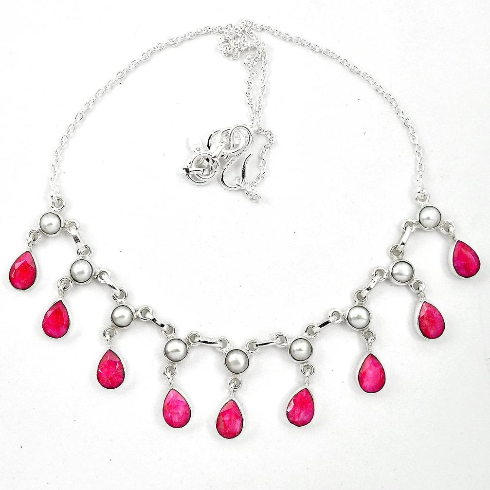 Natural red ruby pearl 925 sterling silver necklace jewelry d26176