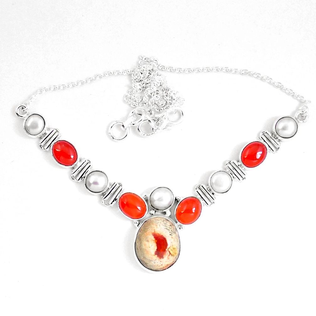 30.82cts natural mexican fire opal cornelian 925 silver necklace d27531