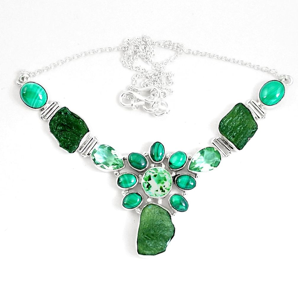 65.70cts natural green moldavite czech malachite 925 silver necklace d27540