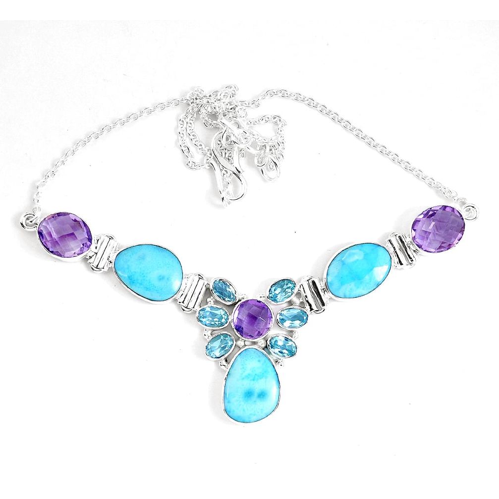 Natural blue larimar purple amethyst 925 sterling silver necklace d27541