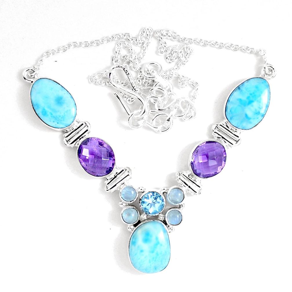 Natural blue larimar amethyst 925 sterling silver necklace d27554