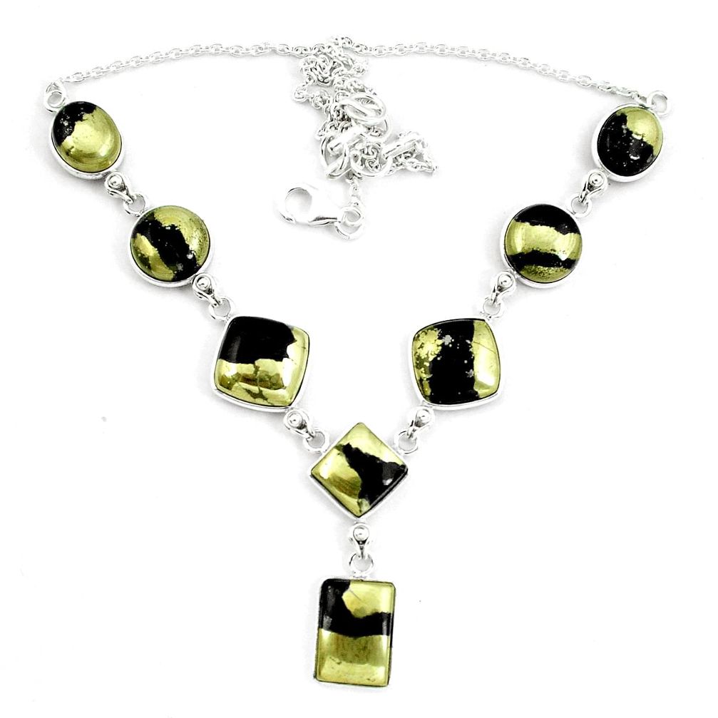 Natural golden pyrite in magnetite (healer's gold) 925 silver necklace d30060