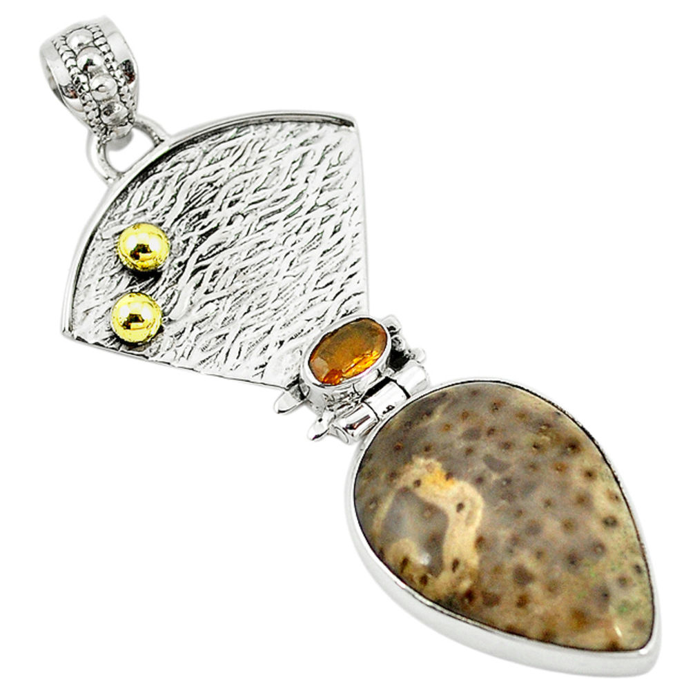 Natural brown fossil coral (agatized) petoskey stone 925 silver two tone pendant d10146