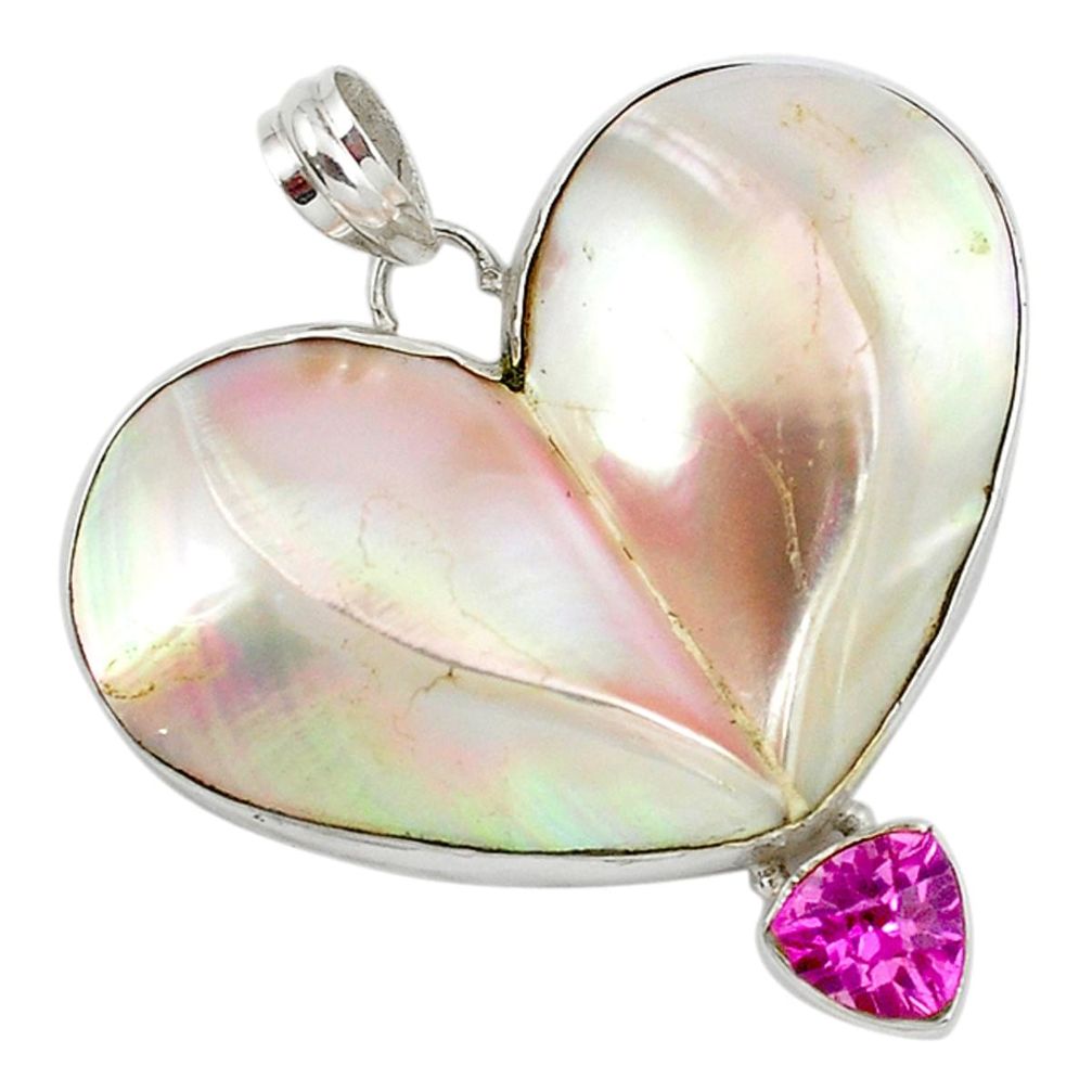 Heart natural watermelon mother of pearl kunzite (lab) 925 silver pendant d10307