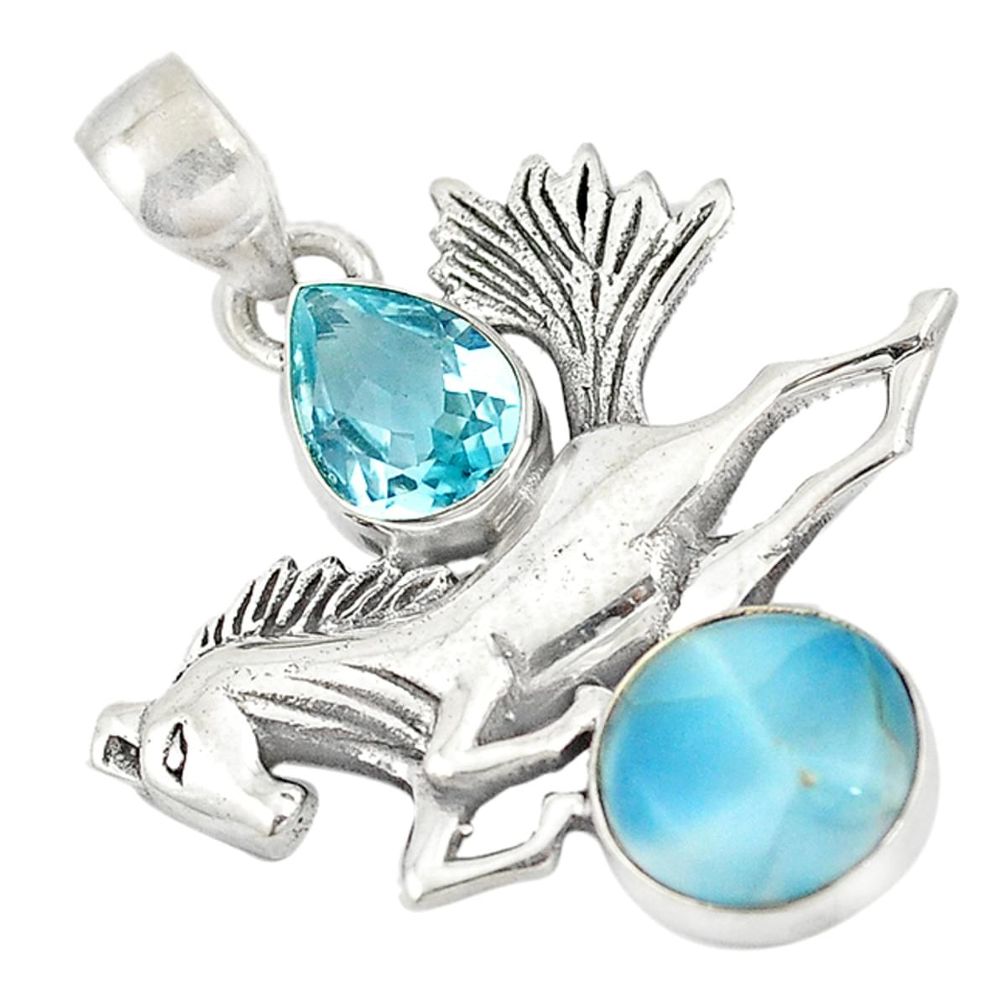 Natural blue larimar topaz 925 sterling silver horse pendant jewelry d11138