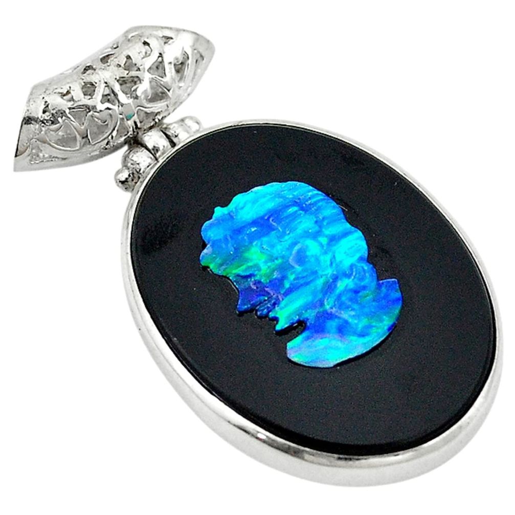 Natural black cameo opal on onyx 925 sterling silver pendant jewelry d11173