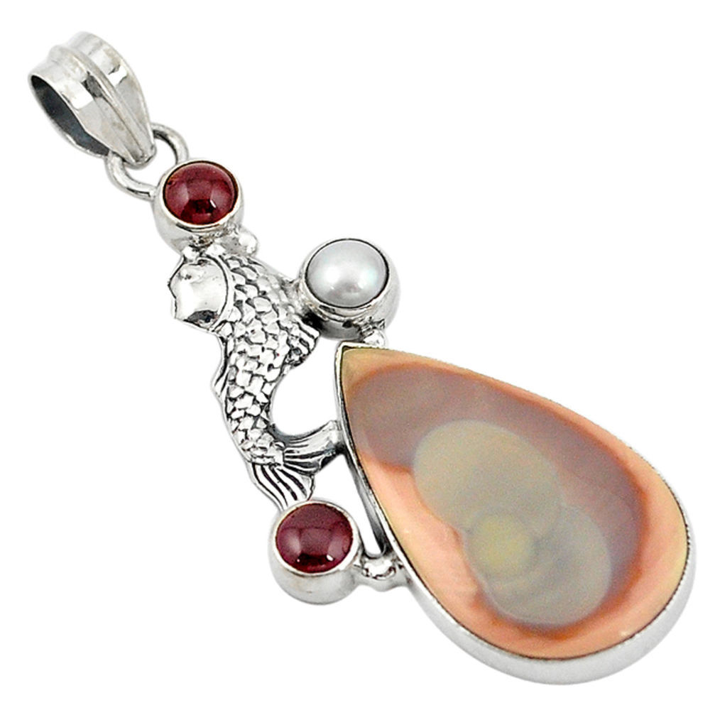 Natural brown imperial jasper garnet pearl 925 silver fish pendant d11535