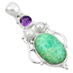 Natural green amazonite (hope stone) amethyst pearl 925 silver pendant d11585