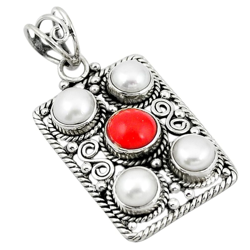 Red coral white pearl round 925 sterling silver pendant jewelry d11728