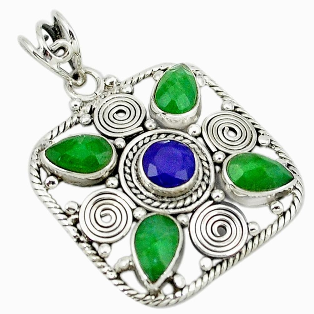 Blue sapphire green emerald quartz 925 sterling silver pendant d11759