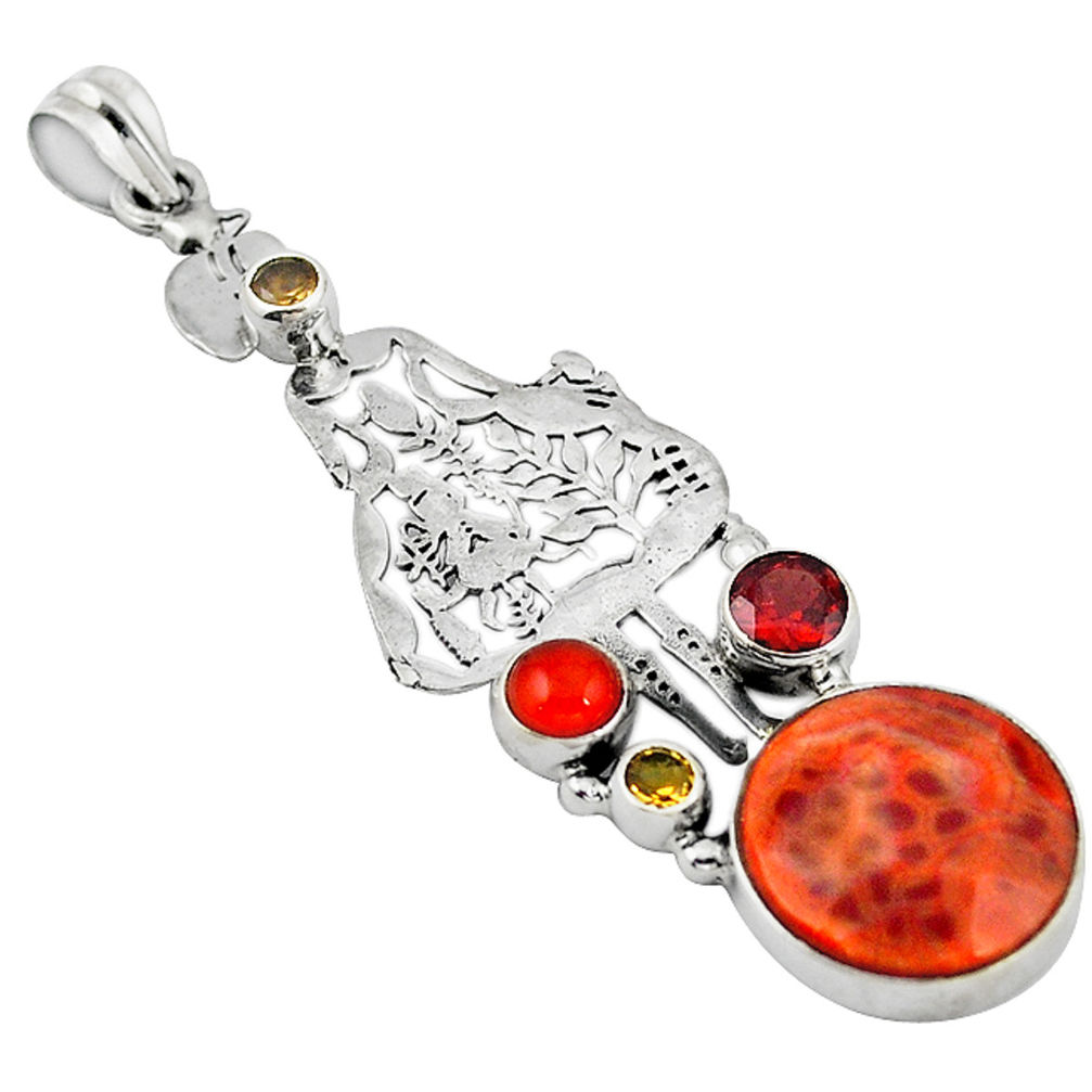 Natural orange spider web agate cornelian (carnelian) 925 silver pendant d11919