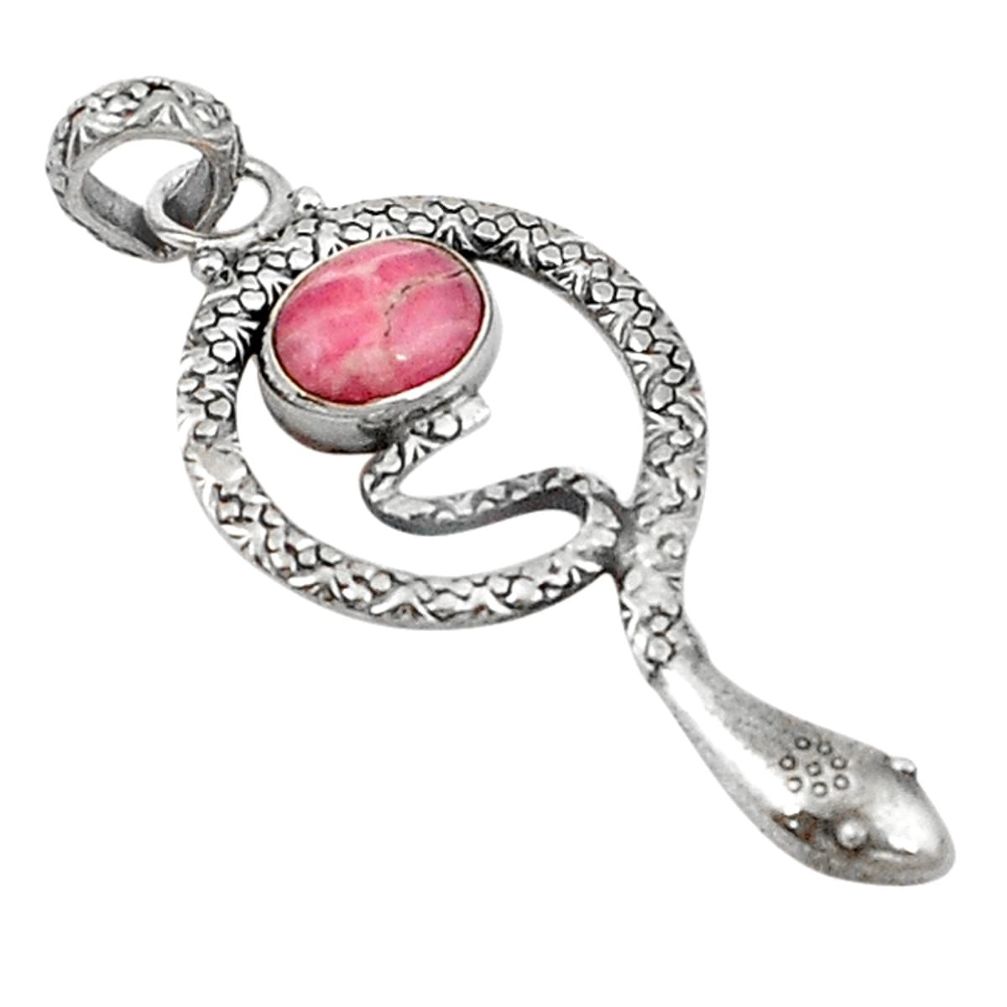 Natural pink rhodochrosite inca rose (argentina) 925 silver snake pendant d12169