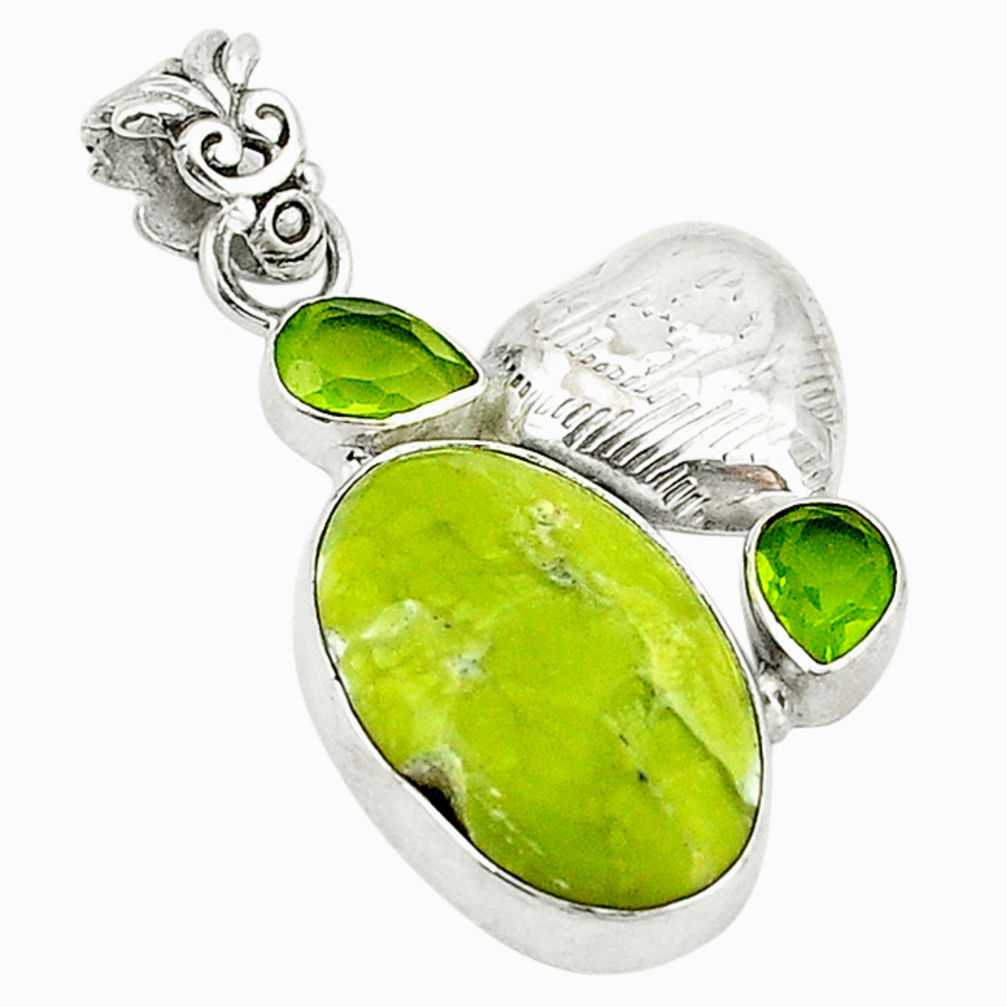 925 silver natural yellow lizardite (meditation stone) peridot pendant d1228