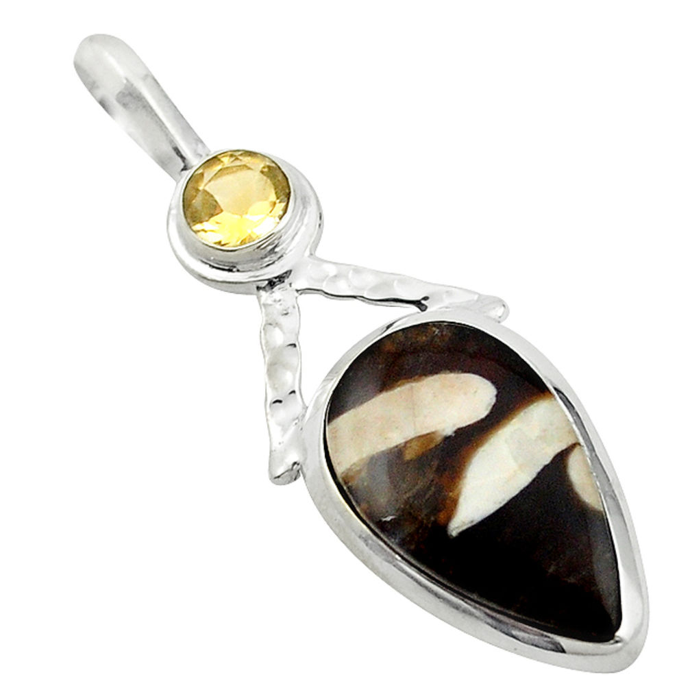 Natural Brown Peanut petrified wood fossil citrine 925 silver pendant d13072
