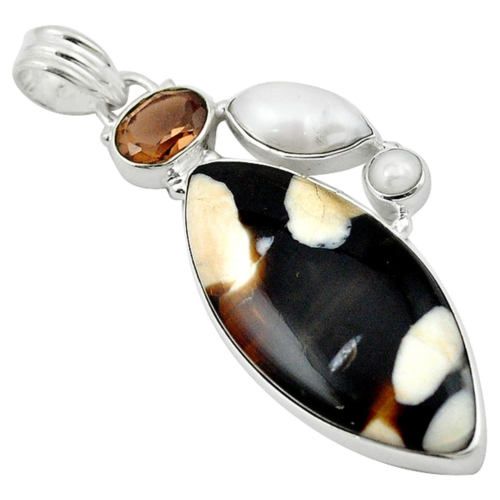 Natural Brown Peanut petrified wood fossil 925 sterling silver pendant d13078