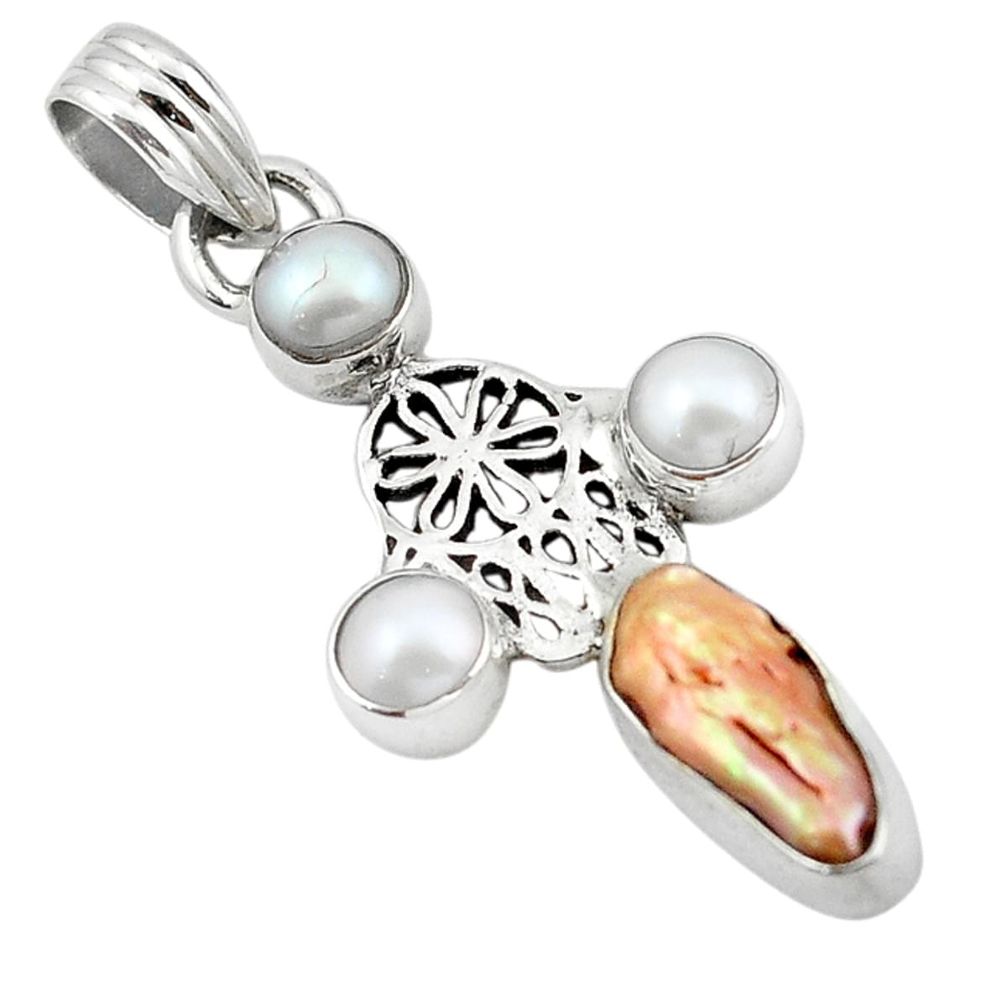 Natural orange biwa pearl 925 silver hand of god hamsa pendant d13147