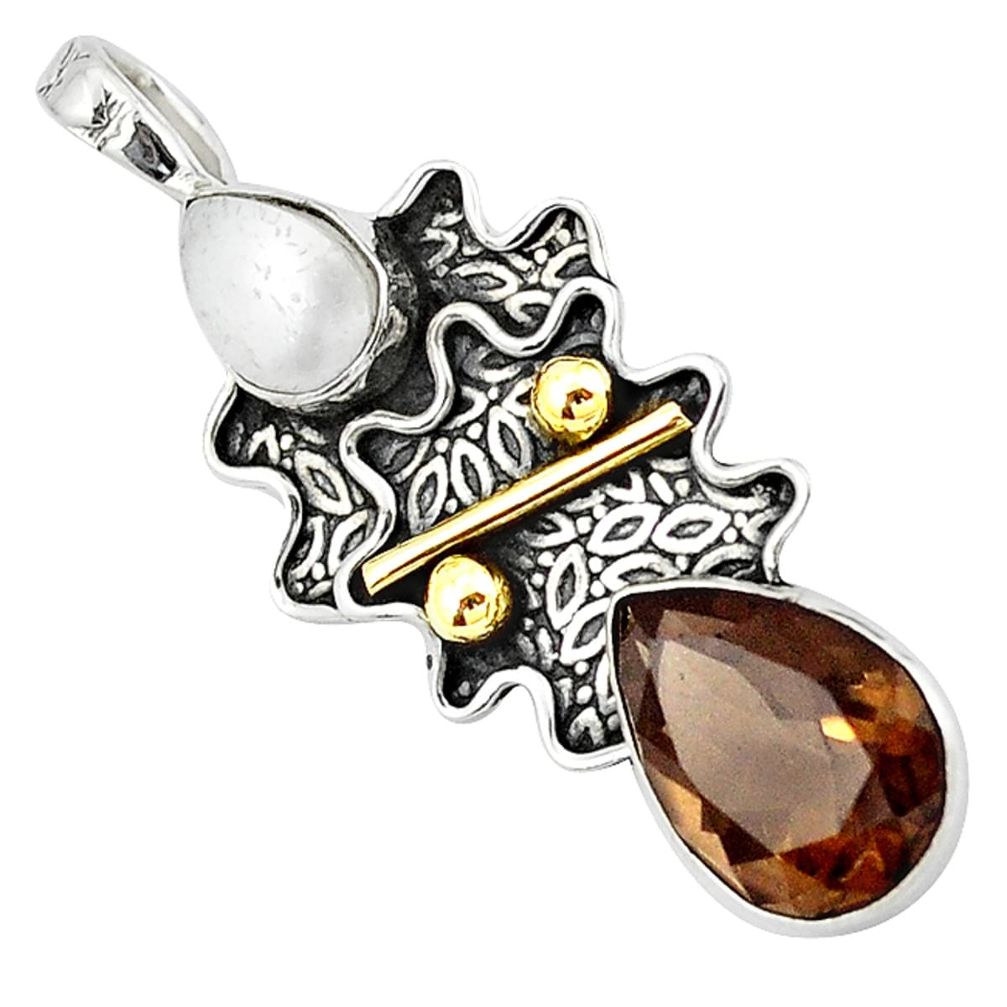 925 sterling silver brown smoky topaz white pearl two tone pendant d13419