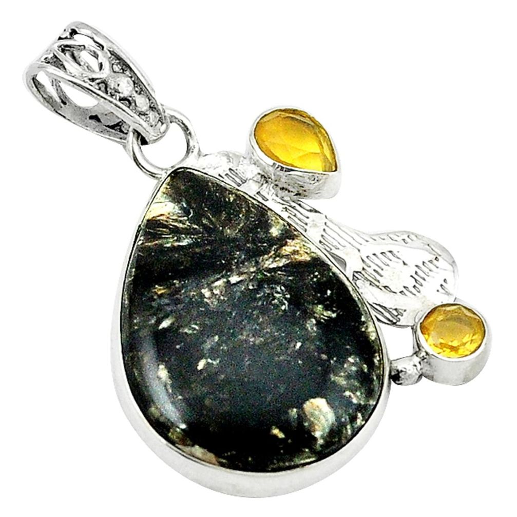 Natural black seraphinite (russian) yellow citrine 925 silver pendant d1358