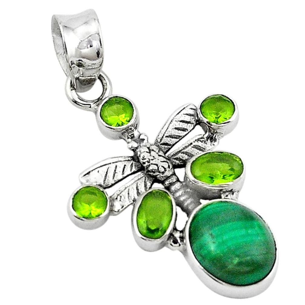 Natural green malachite (pilot's stone) 925 silver dragonfly pendant d13642