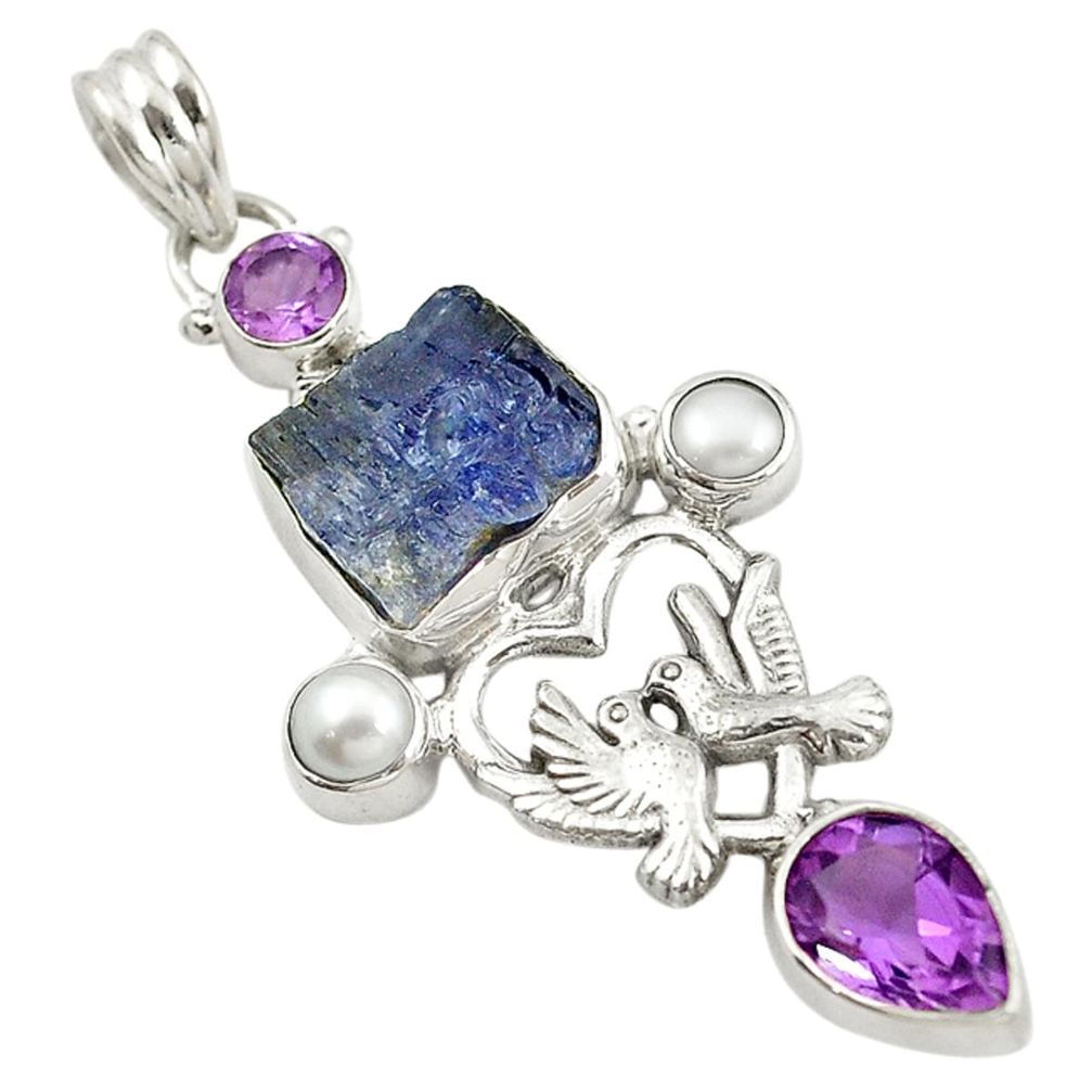 zanite rough pearl 925 silver love birds pendant d14594