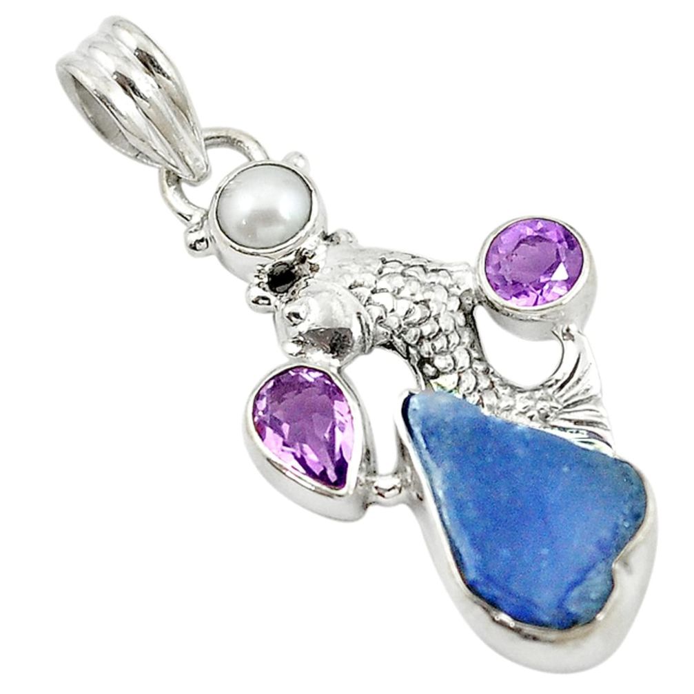 925 silver natural blue tanzanite rough amethyst pearl fish pendant d14678