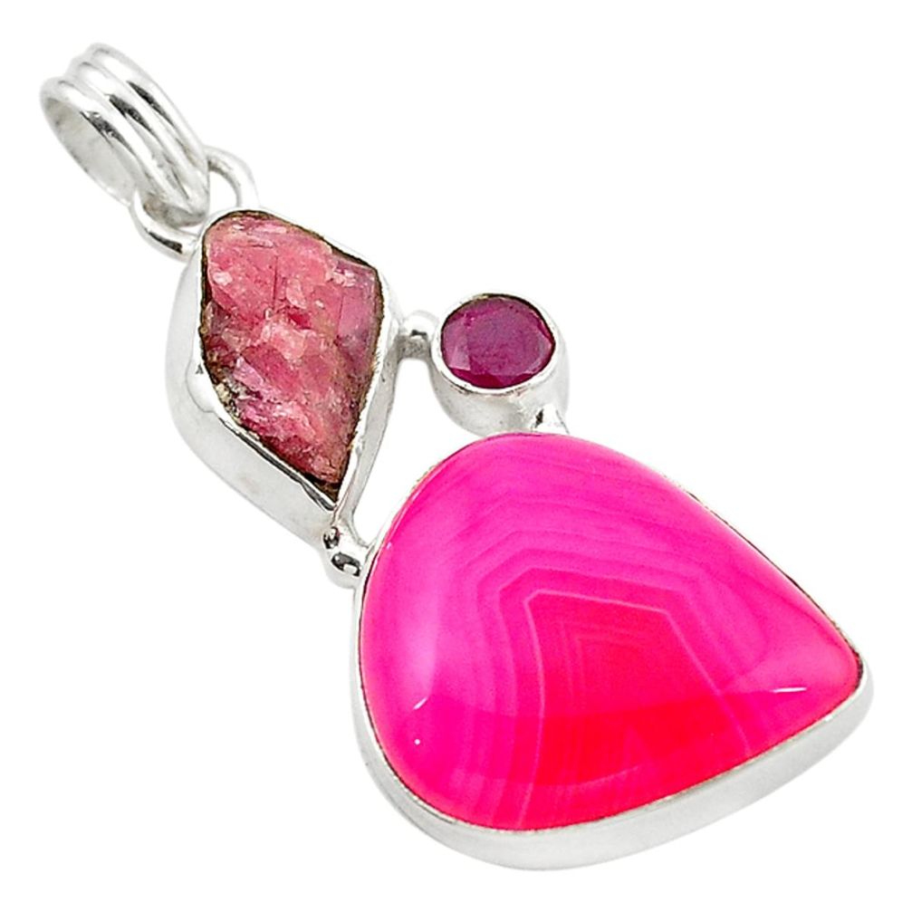 Natural pink botswana agate tourmaline rough 925 silver pendant d14798