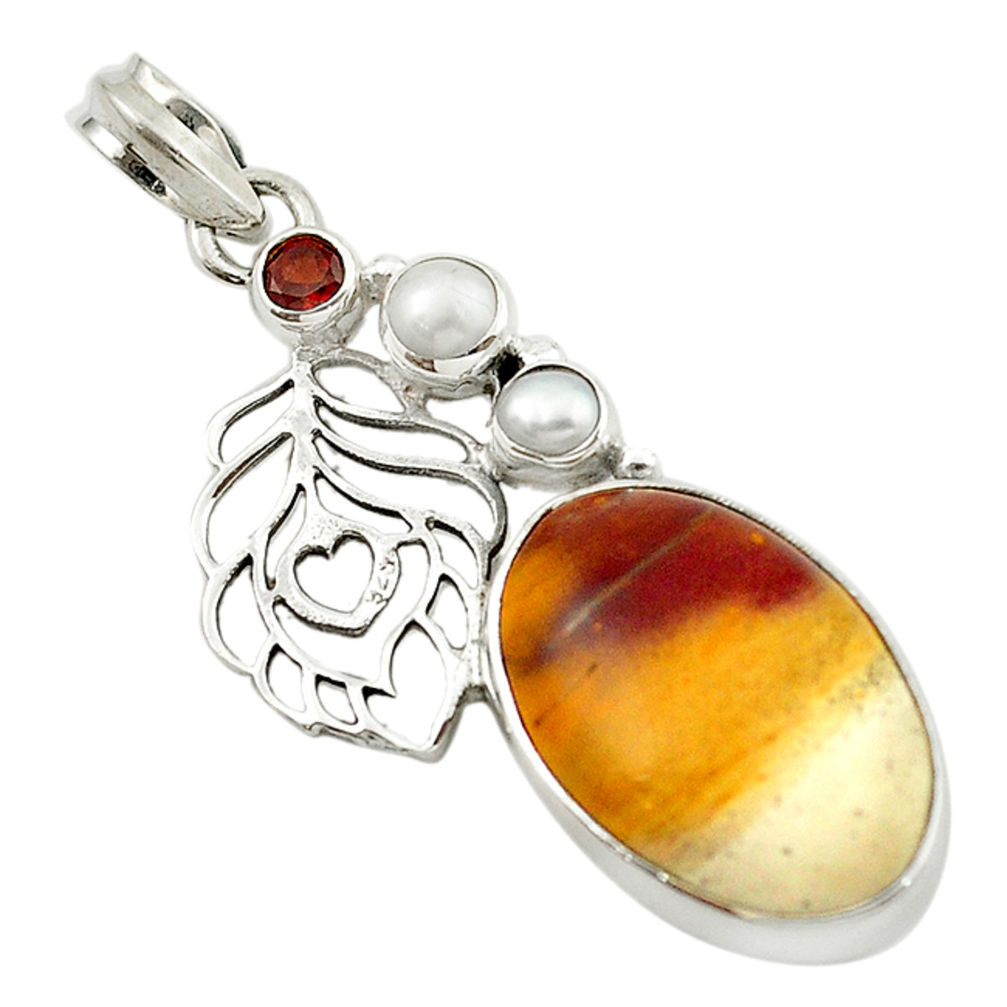 Natural brown mookaite red garnet pearl 925 sterling silver pendant d14801