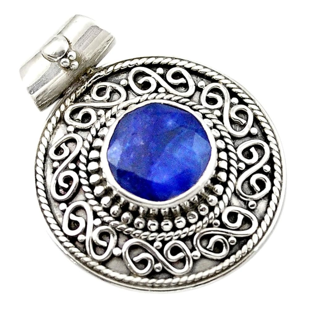 Natural blue sapphire round 925 sterling silver pendant jewelry d14912