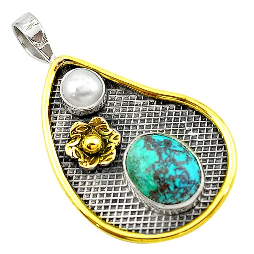 Victorian fine blue turquoise pearl 925 silver two tone pendant d16102