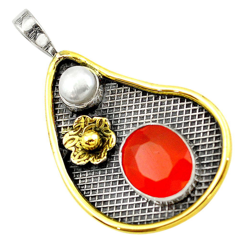 925 silver natural orange cornelian (carnelian) pearl two tone pendant d16109