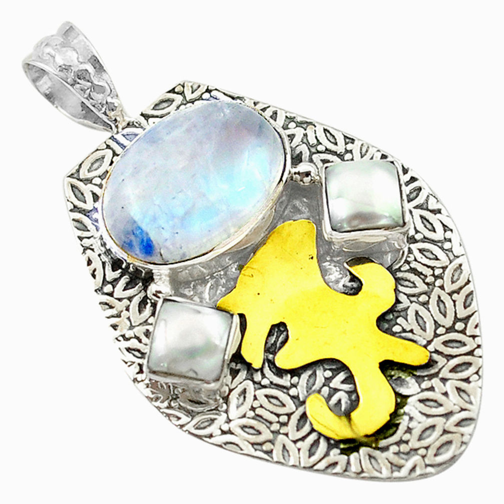 Victorian natural rainbow moonstone 925 silver two tone pendant d16114