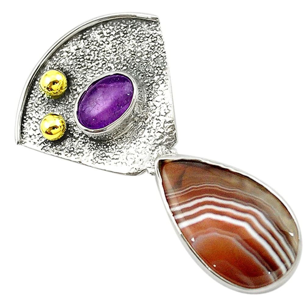Victorian natural brown botswana agate 925 silver two tone pendant d16121