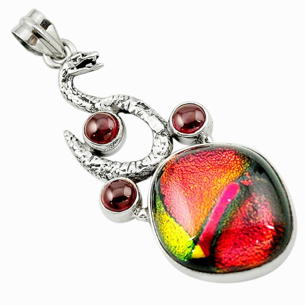 Multi color dichroic glass red garnet 925 silver snake pendant d16177