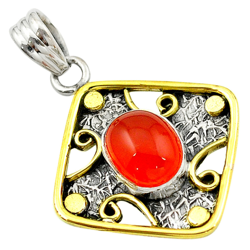 Natural orange cornelian (carnelian) 925 silver two tone pendant d16217