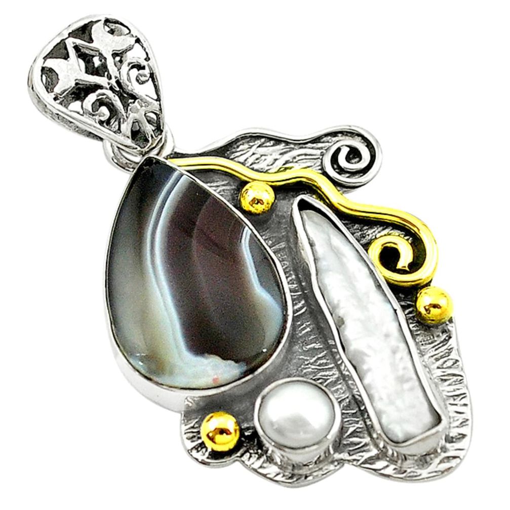 Victorian natural blue botswana agate 925 silver two tone pendant d16223